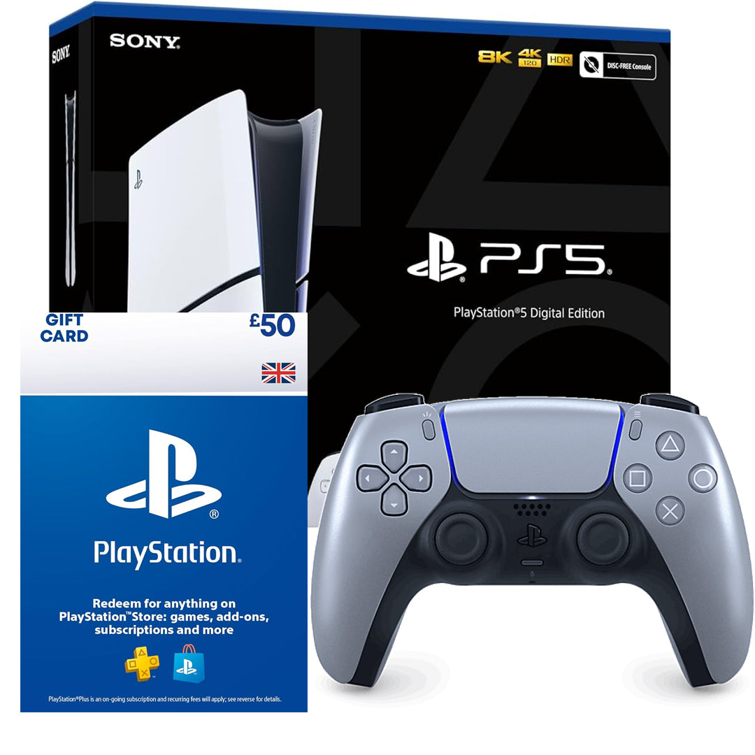 Sony PlayStation 5 - Console Slim- Digital Edition - White + Sony Official PlayStation 5 - DualSense Wireless Controller - Sterling Silver + Sony PlayStation PSN Card - 50 GBP