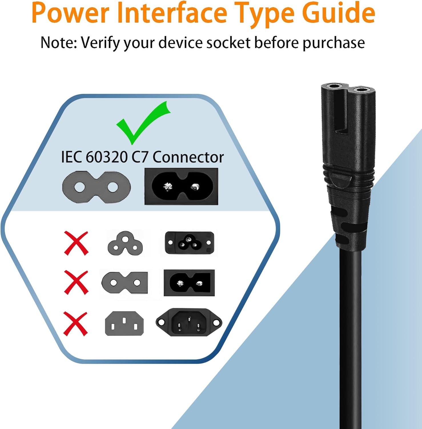 UK 3-Pin Plug to IEC C7 Figure 8, 2.5A 250V 300W, 3 Prong Plug Power Cord
