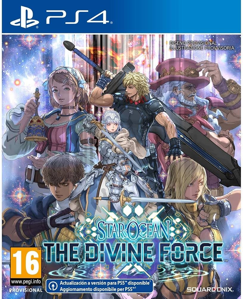 Front cover of the PlayStation 4 game Star Ocean: The Divine Force, featuring colorful anime-style character artwork on a blue PS4 banner and game title text, with PEGI 16 rating and Squidonix branding. Sold by Play Pixels