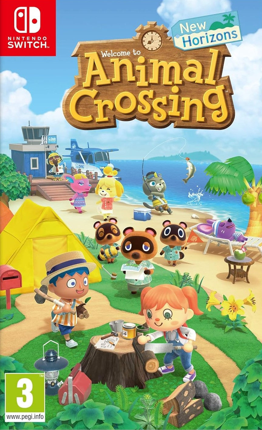 A cover image of the Nintendo Switch game Animal Crossing New Horizons, featuring an illustration of a character with a camera, a boat, and an island background. Sold by Online UK retailer Play Pixels.