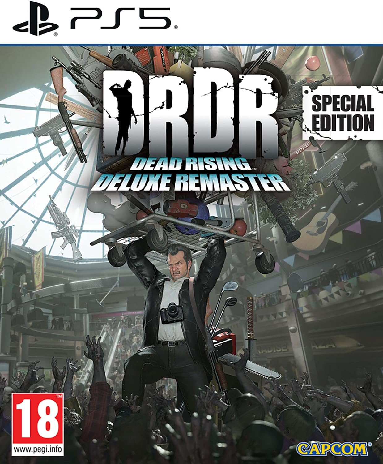 PS5 game cover art for DRDR: Dead Rising Deluxe Remaster Special Edition, featuring a man in a suit holding a chainsaw above a crowd, with the title text and PS5 branding visible.