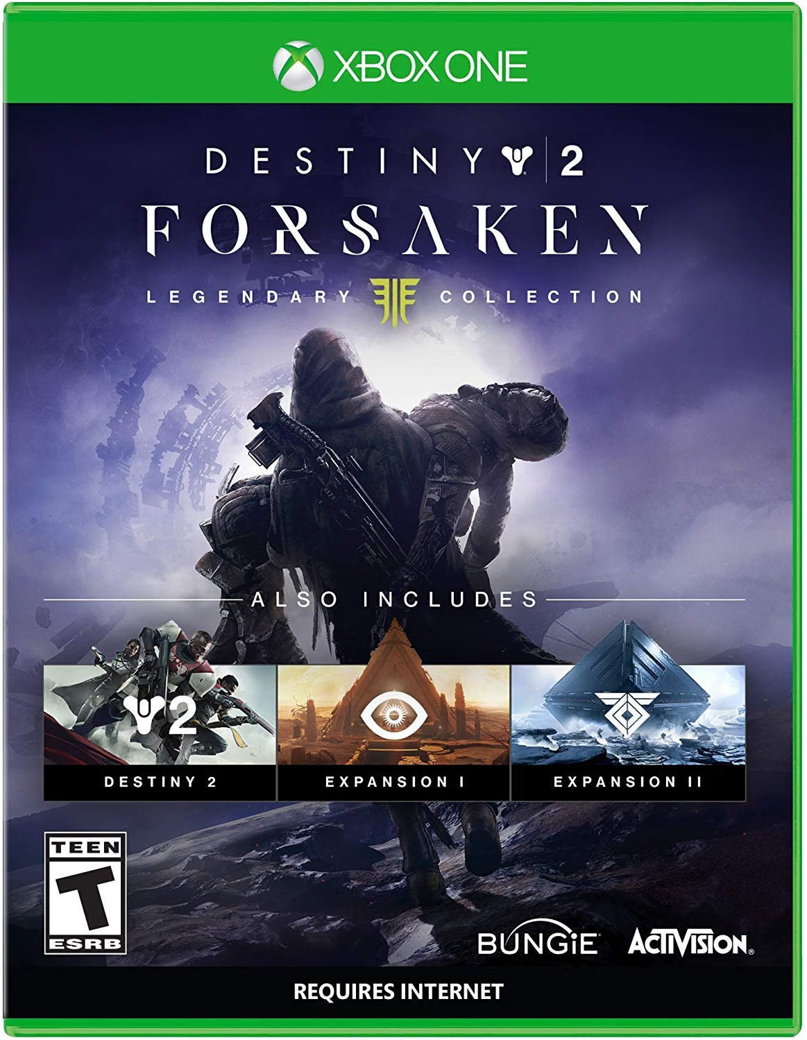 Front cover art for Xbox One game Destiny 2: Forsaken, showing a dark sci-fi scene with a soldier carrying another figure, plus smaller thumbnails for included content: Destiny 2, Expansion I, and Expansion II. Visible brands include Xbox One, Bungie, and Activision.