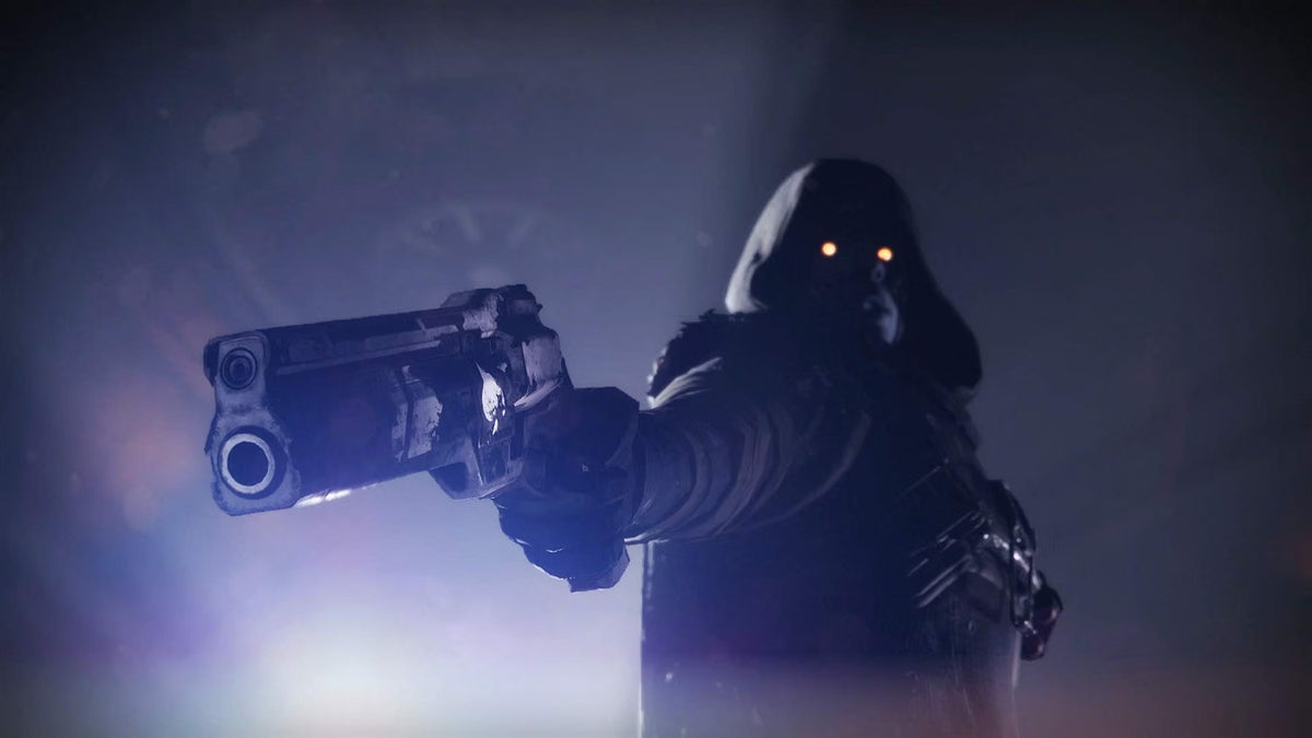 Scene from Destiny 2: Forsaken - Legendary Collection showing a person in dark hooded outfit holding a futuristic weapon in a dimly lit environment