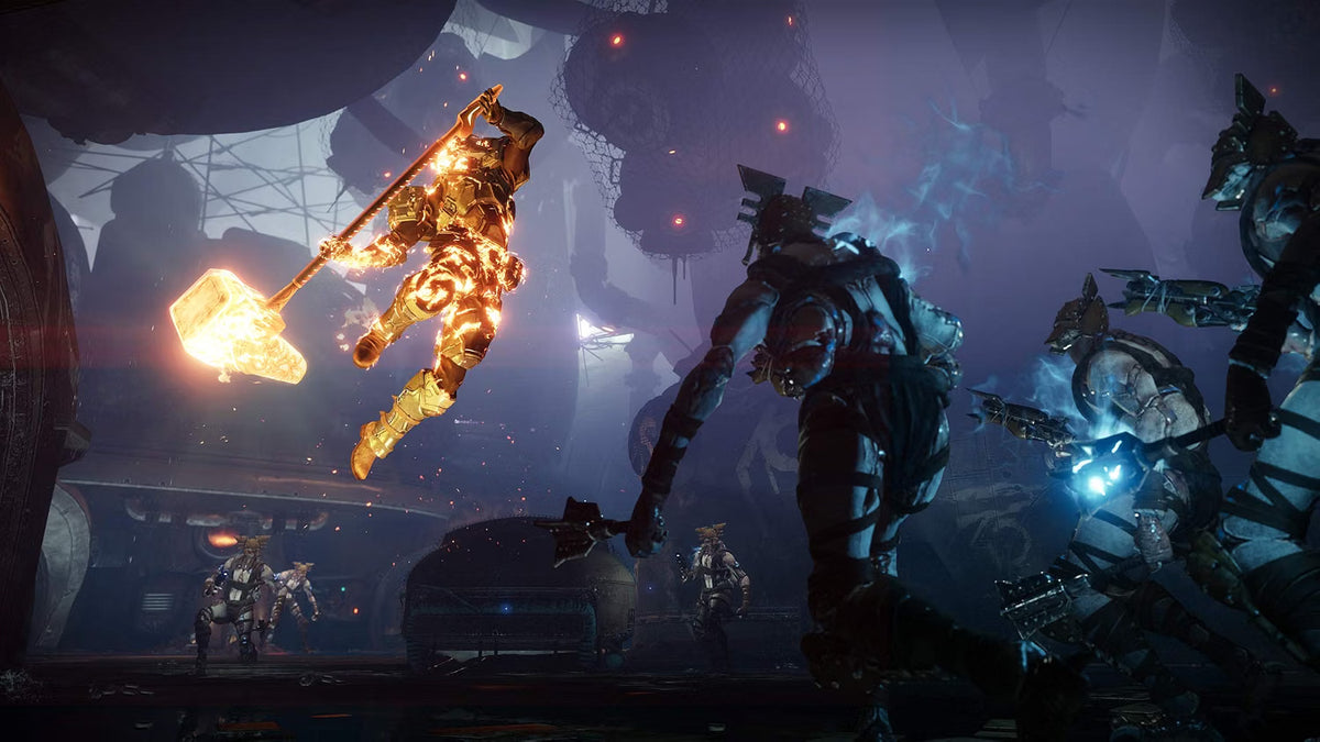 Scene from Destiny 2: Forsaken - Legendary Collection showing an Action-packed scene from a video game with characters in a dark, sci-fi environment.