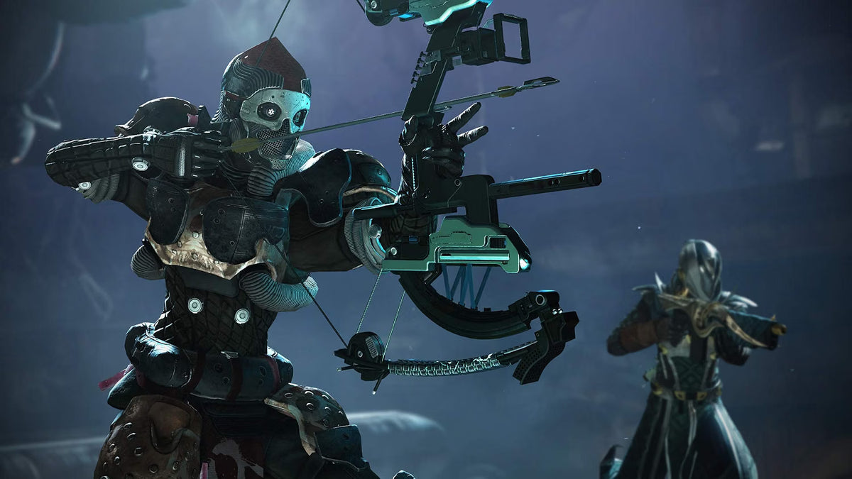 Scene from Destiny 2: Forsaken - Legendary Collection showing a Mechanical figure with archery equipment against a dark background