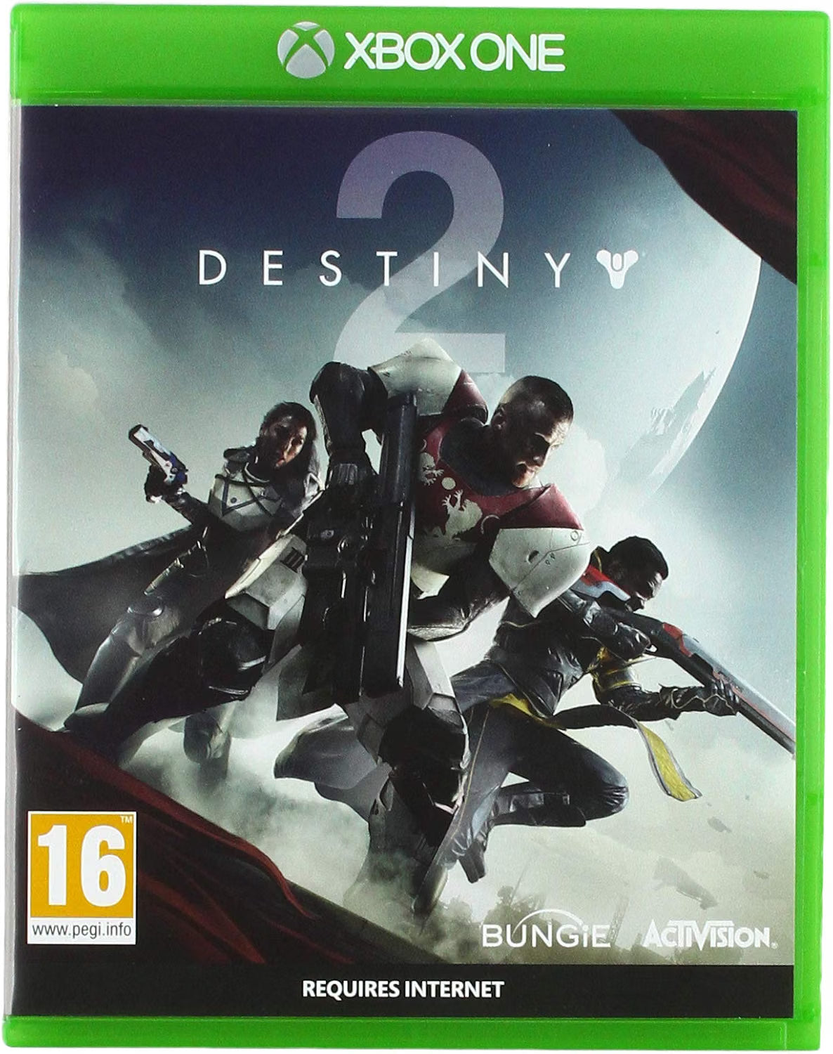 Front cover of the Xbox One game Destiny 2, showing four game characters in action against a dark sci-fi background with a large moon and the title 'Destiny 2' across the center. Xbox One branding appears at the top, with PEGI 16 rating and Bungie and Activision logos at the bottom.