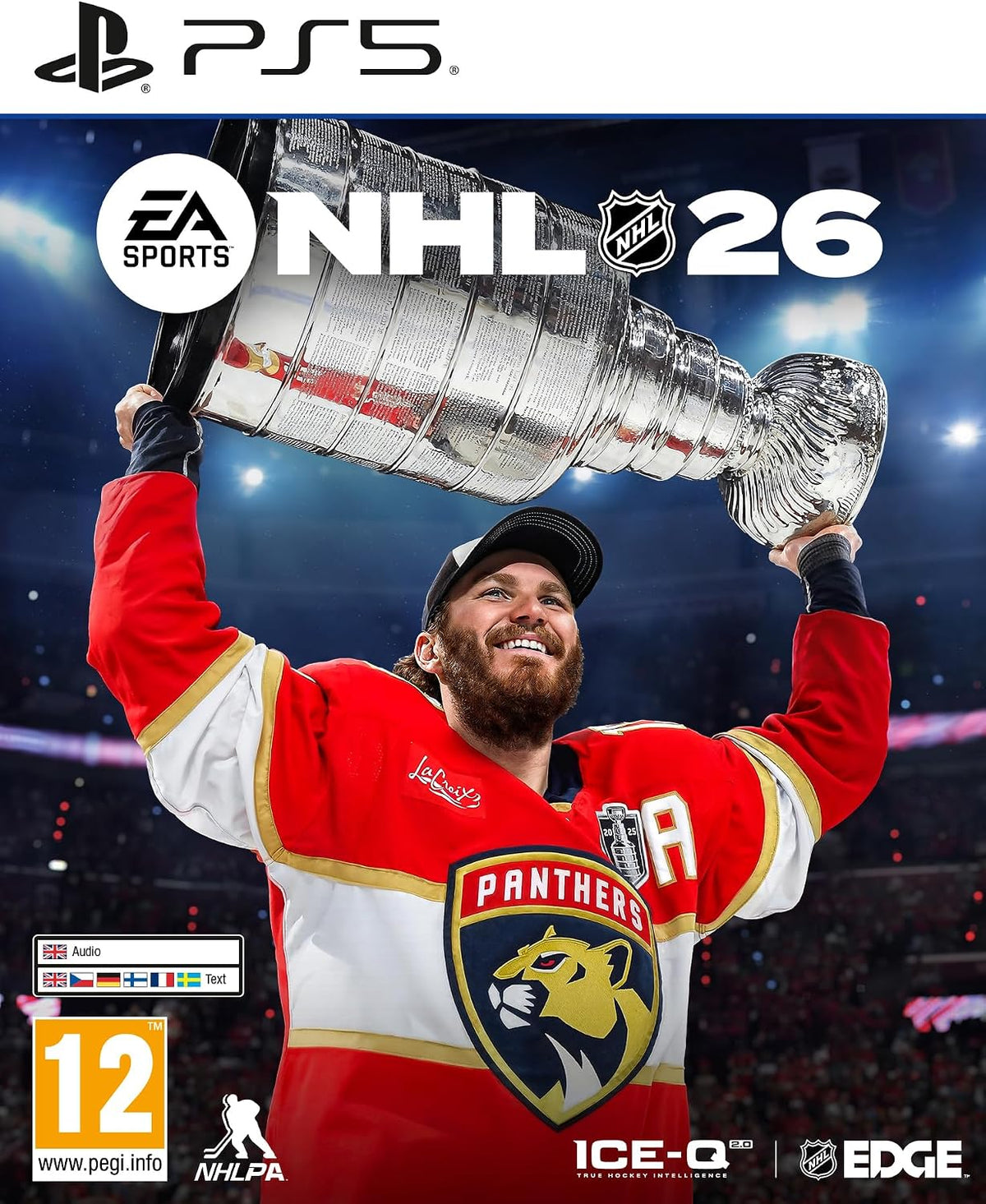 Video game cover for NHL 26 featuring a player holding the Stanley Cup with PS5, EA Sports, and NHL logos.