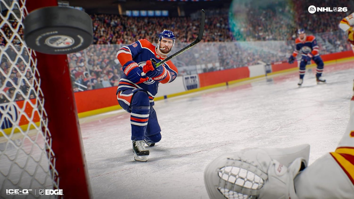 Hockey player in action on an ice rink with game interface elements.