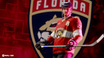 A hockey player in a red Florida Panthers jersey and helmet stands holding a stick in front of a large Florida Panthers logo. The NHL 26 logo is visible in the bottom-left corner.