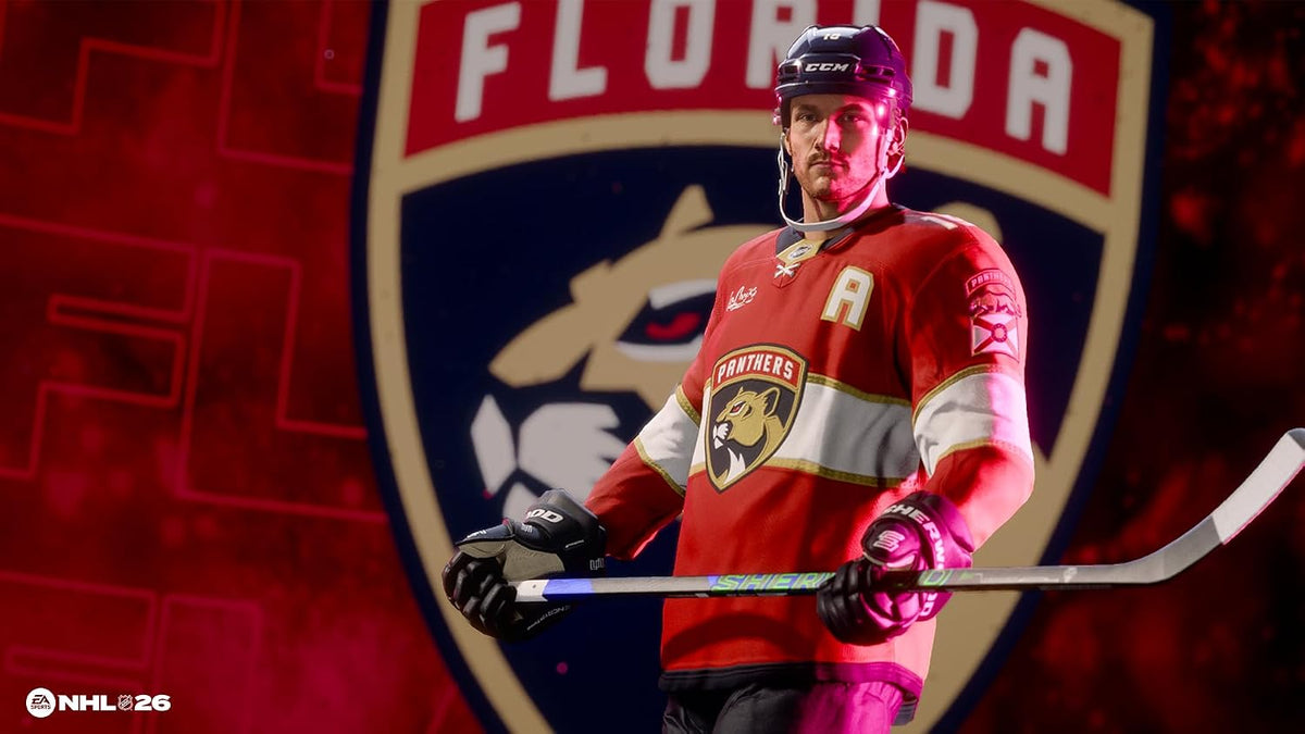 A hockey player in a red Florida Panthers jersey and helmet stands holding a stick in front of a large Florida Panthers logo. The NHL 26 logo is visible in the bottom-left corner.