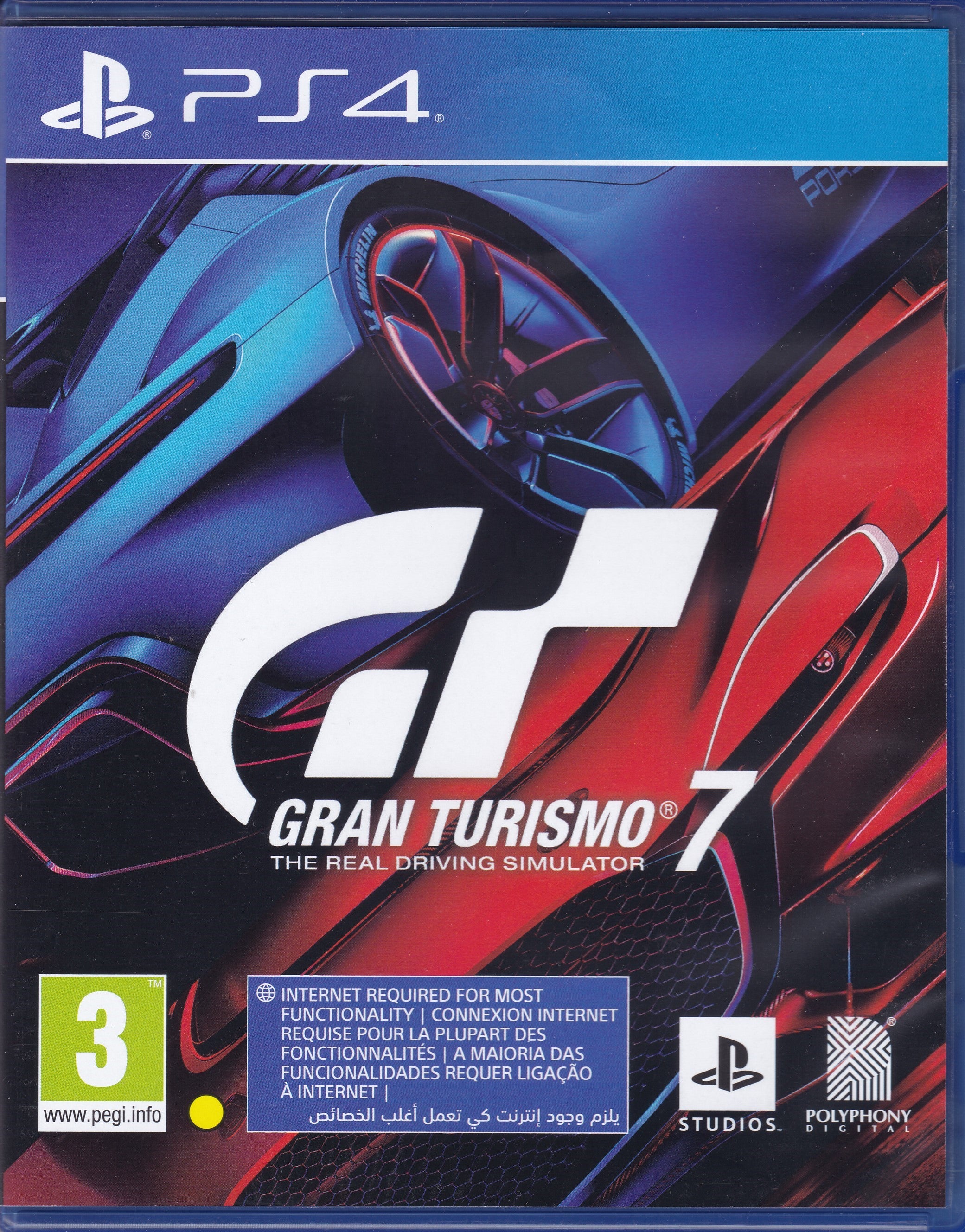 Front cover of the PS4 game Gran Turismo 7 for PS4, featuring a blue and red sports car graphic with the large white GT logo and PlayStation and Polyphony Studios logos at the bottom.