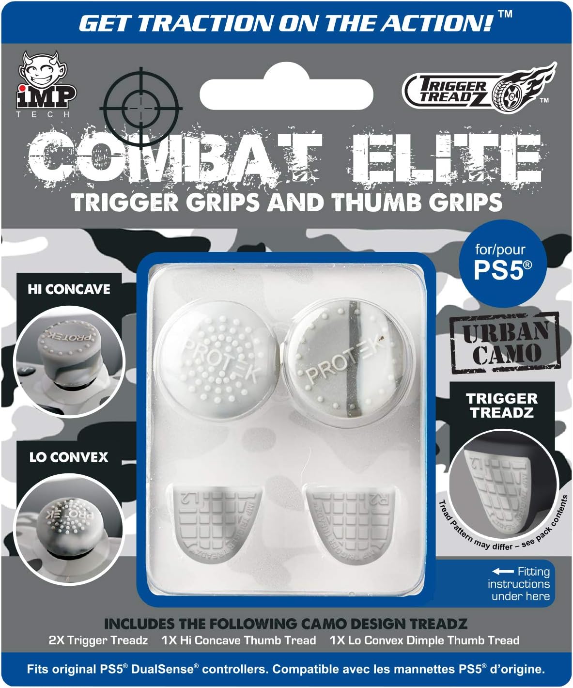 Combat Elite trigger grips and thumb grips packaging for PS5 with branding and product details.