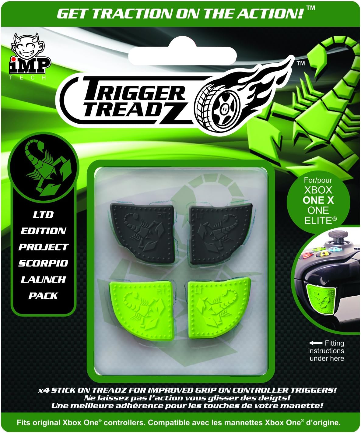 Trigger Treadz Xbox One X One Elite LTD Edition Project Scorpio Launch Pack, featuring four black and neon green grip stickers in a blister pack on a black and green backing card.