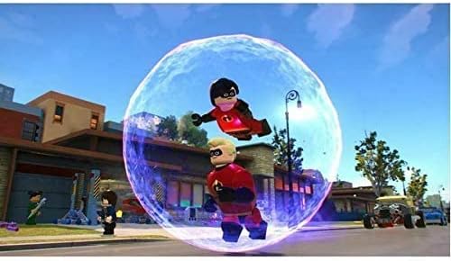 Two animated characters in superhero costumes inside a bubble on a city street.
