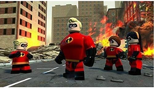 Lego-style superhero minifigures in red and black costumes standing in a city street scene with buildings and fire in the background.