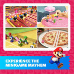 Collage of video game minigames with a character on a pink background