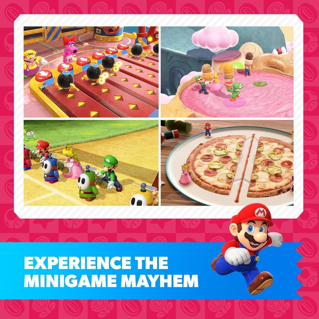 Collage of video game minigames with a character on a pink background