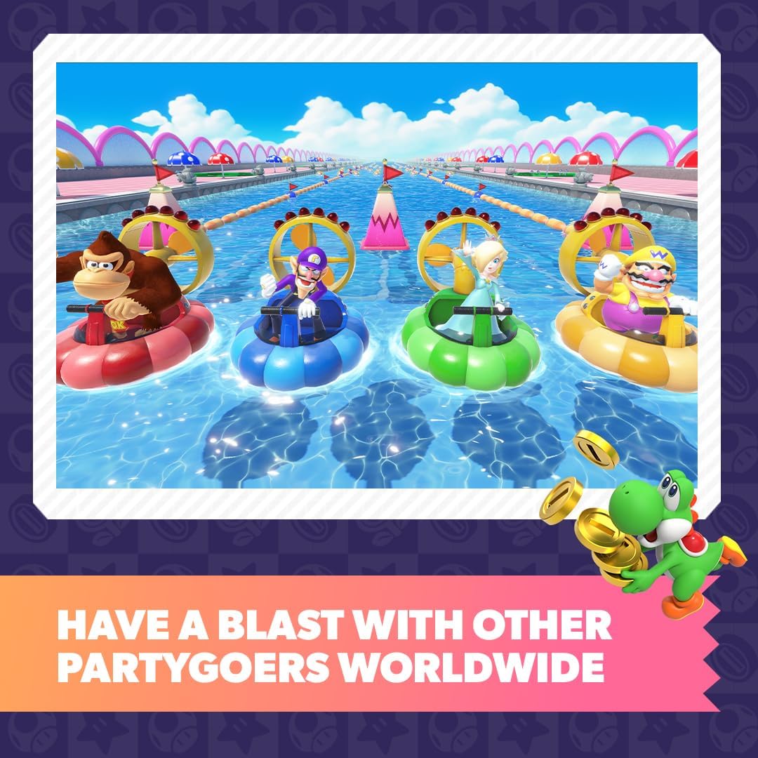 Cartoon characters in inflatable rafts on water with a promotional text overlay.