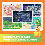 Promotional image for Mario Party with various game boards and a character on an orange background.