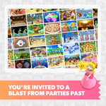 Collage of animated scenes with characters and text inviting to a past-themed party. from the game Mario Party
