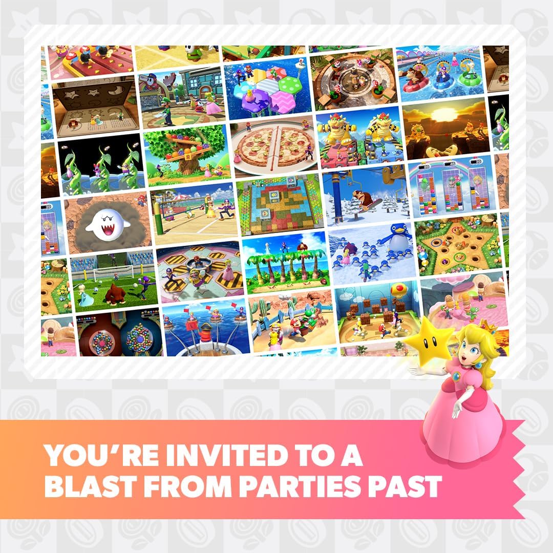 Collage of animated scenes with characters and text inviting to a past-themed party. from the game Mario Party