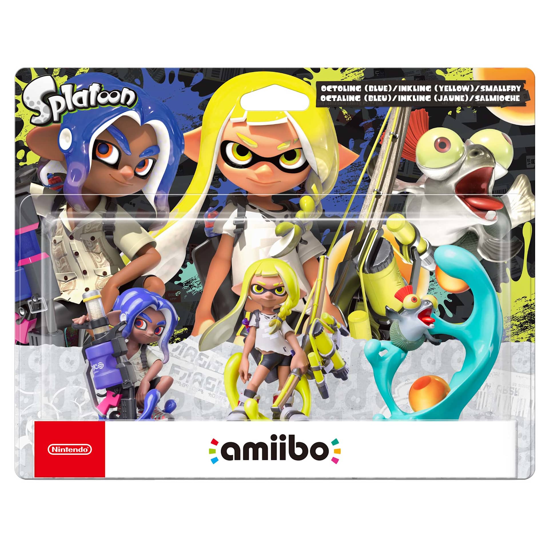 Amiibo packaging featuring characters from Splatoon with colorful design and Nintendo logo.