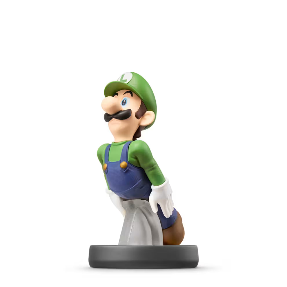 Luigi Amiibo figure on stand against a white background