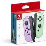 Nintendo Switch Joy-Con (L)/(R) split controller in pastel purple and mint green, shown in its original retail packaging with a red and white box.