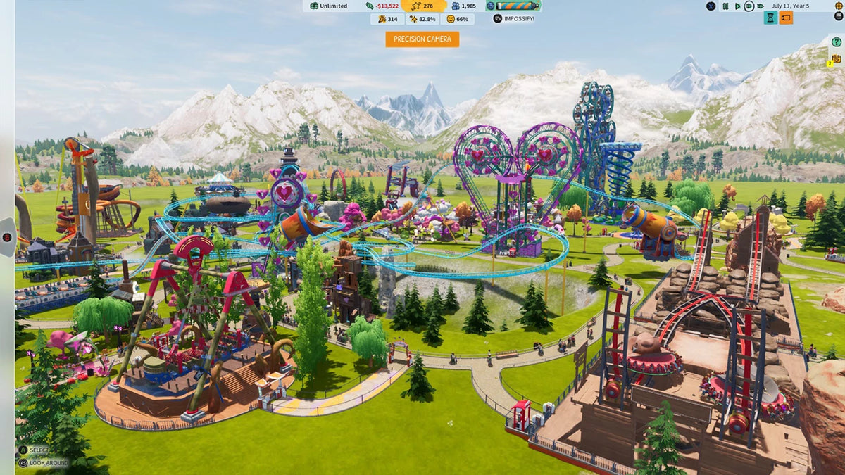 Screenshot of a virtual amusement park with roller coasters and attractions in a video game interface. From the game Park Beyond for PlayStation 5.