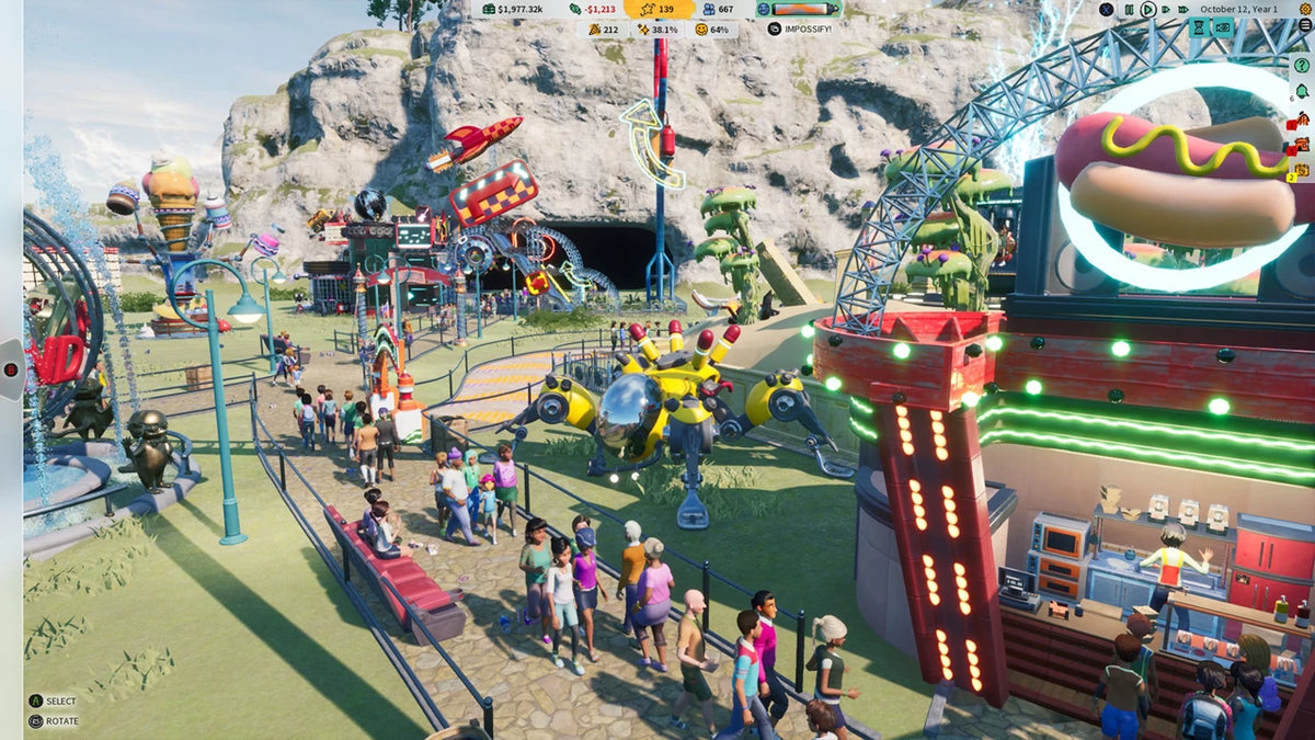 Sandbox game world with a theme park, roller coaster, and various attractions.. From the game Park Beyond for PlayStation 5.