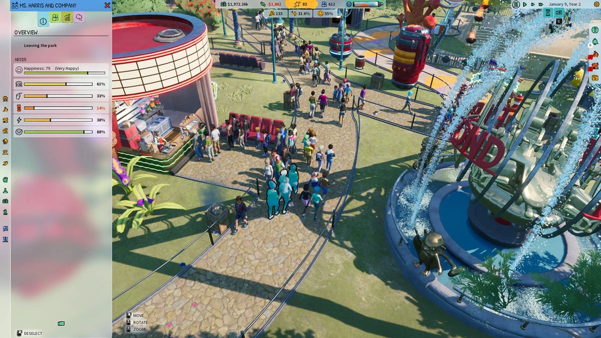 Screenshot of a theme park simulation game with roller coaster and queue.. From the game Park Beyond for PlayStation 5.