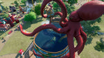 Red octopus-like creature interacting with a water fountain in an outdoor setting. From the game Park Beyond for PlayStation 5.