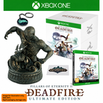 Xbox One Deadfire Ultimate Edition gift set featuring a large bronze-colored Pillar of Eternity figurine, a branded game box, a game case, a keychain, and a card, all arranged on a white background with Xbox One branding at the top.