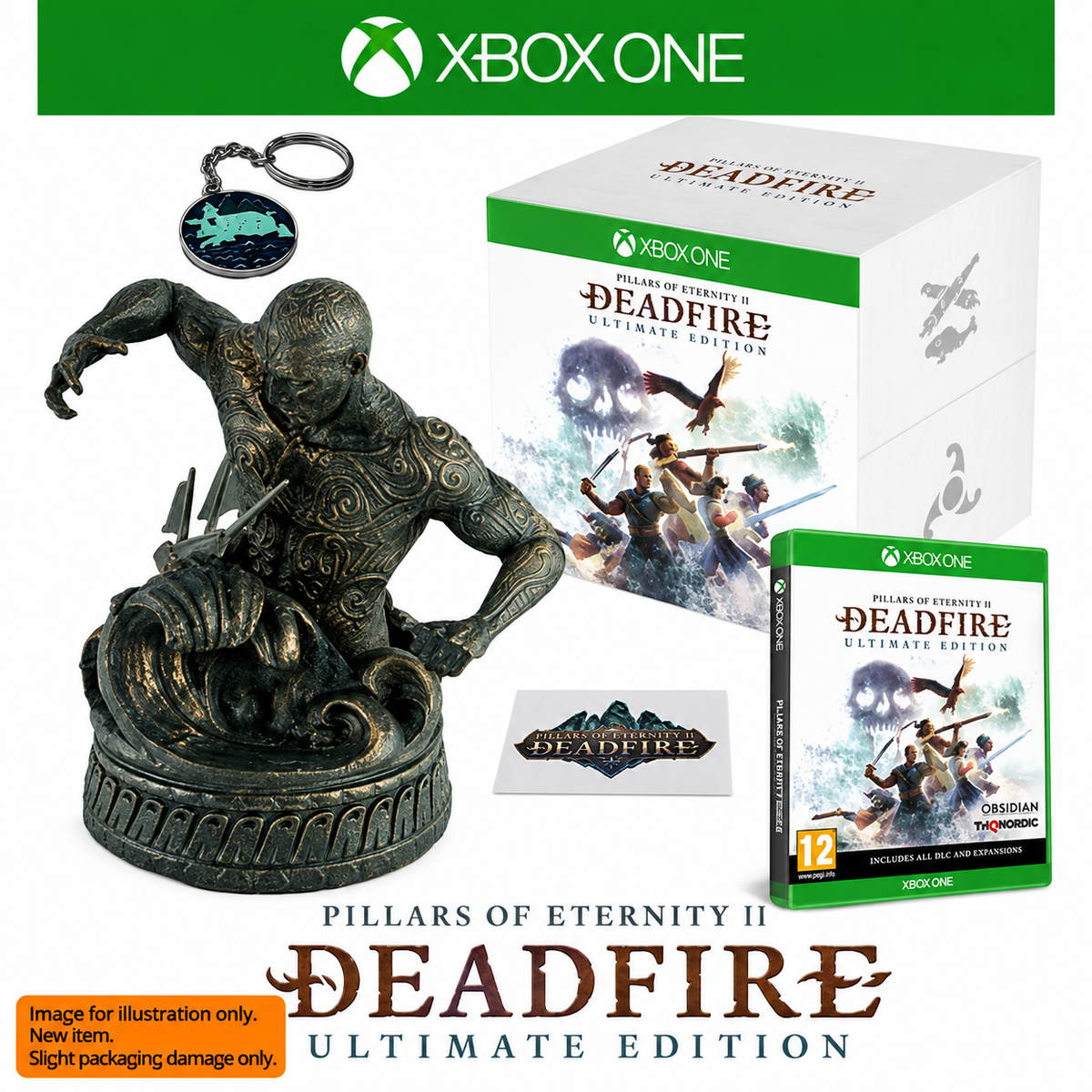 Xbox One Deadfire Ultimate Edition gift set featuring a large bronze-colored Pillar of Eternity figurine, a branded game box, a game case, a keychain, and a card, all arranged on a white background with Xbox One branding at the top.