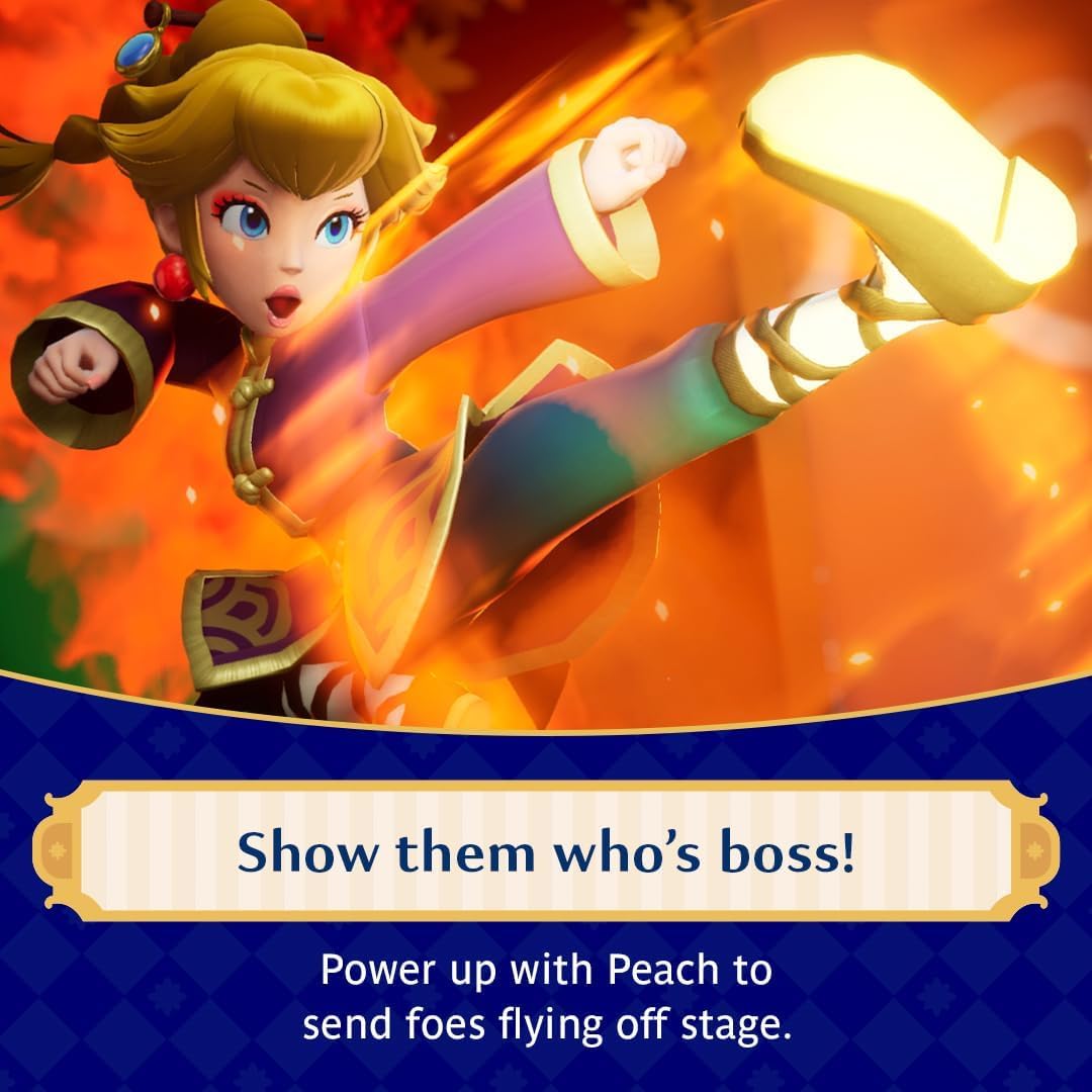 Animated character in action pose with fiery background and text 'Show them who's boss!'. From the game Princess Peach Showtime for Nintendo Switch