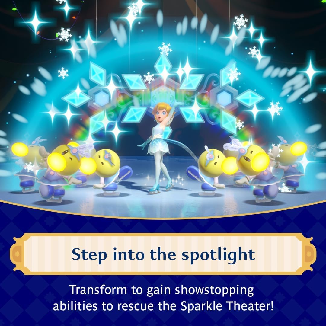 Animated scene with a fairy and yellow creatures on a stage with stars and lights, text 'Step into the spotlight' displayed. From the game Princess Peach Showtime for Nintendo Switch.