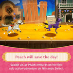 Animated scene with a horse and a cow in a village setting, featuring text about Peach saving the day on Nintendo Switch.