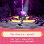 Game screen with character facing a large purple creature in a dark, castle-like arena. From the game Princess Peach Showtime for Nintendo Switch.