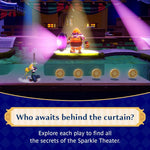 Game screen with characters on a stage in a theater setting, featuring text about exploring secrets. From the game Princess Peach Showtime for Nintendo Switch.