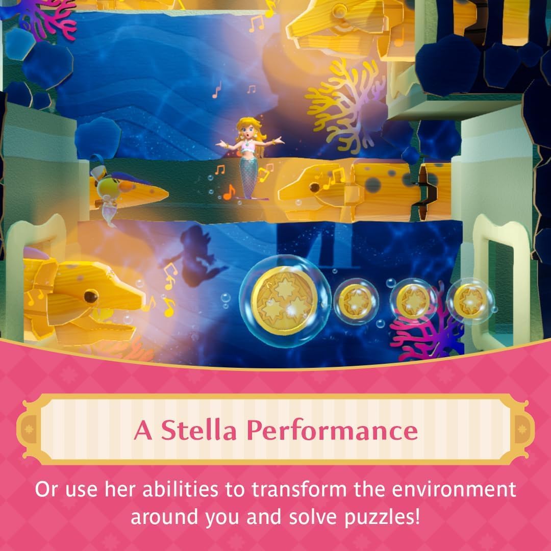 Animated underwater scene with a character and puzzle elements, labeled 'A Stella Performance'. From the game Princess Peach Showtime for Nintendo Switch