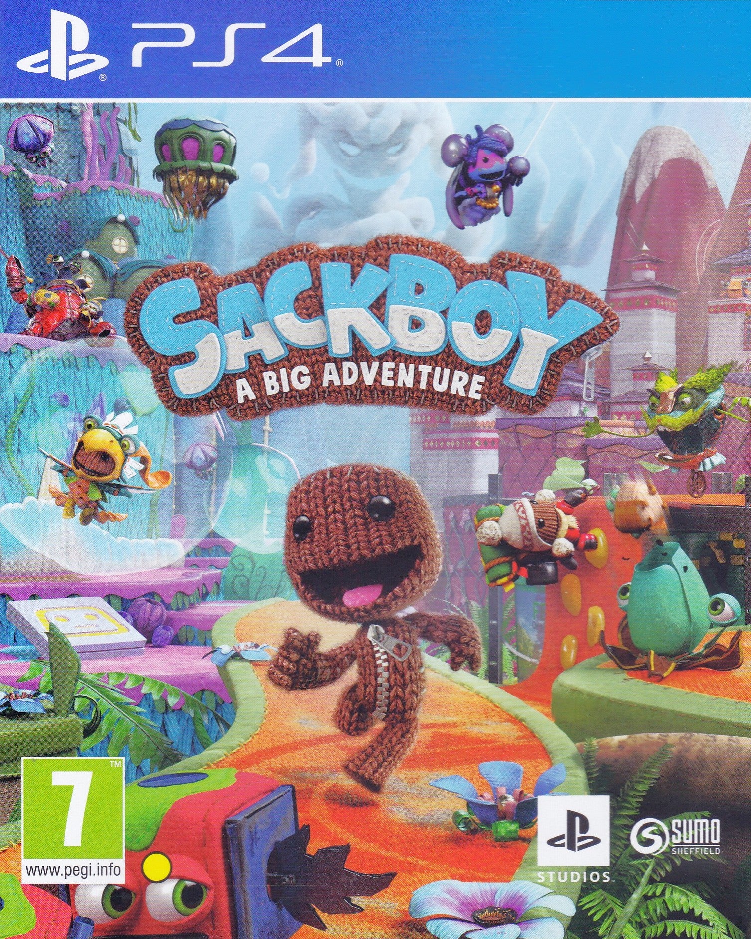 Front cover art for the PlayStation 4 game Sackboy: A Big Adventure, showing the knitted Sackboy character in a colorful fantasy landscape with various creatures and the PS4 branding at the top.