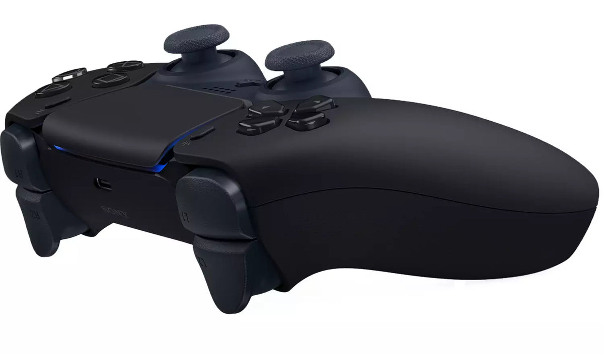 A matte black PlayStation 5 wireless controller with integrated side grips and a USB-C port, shown from a three-quarters perspective on a white background.