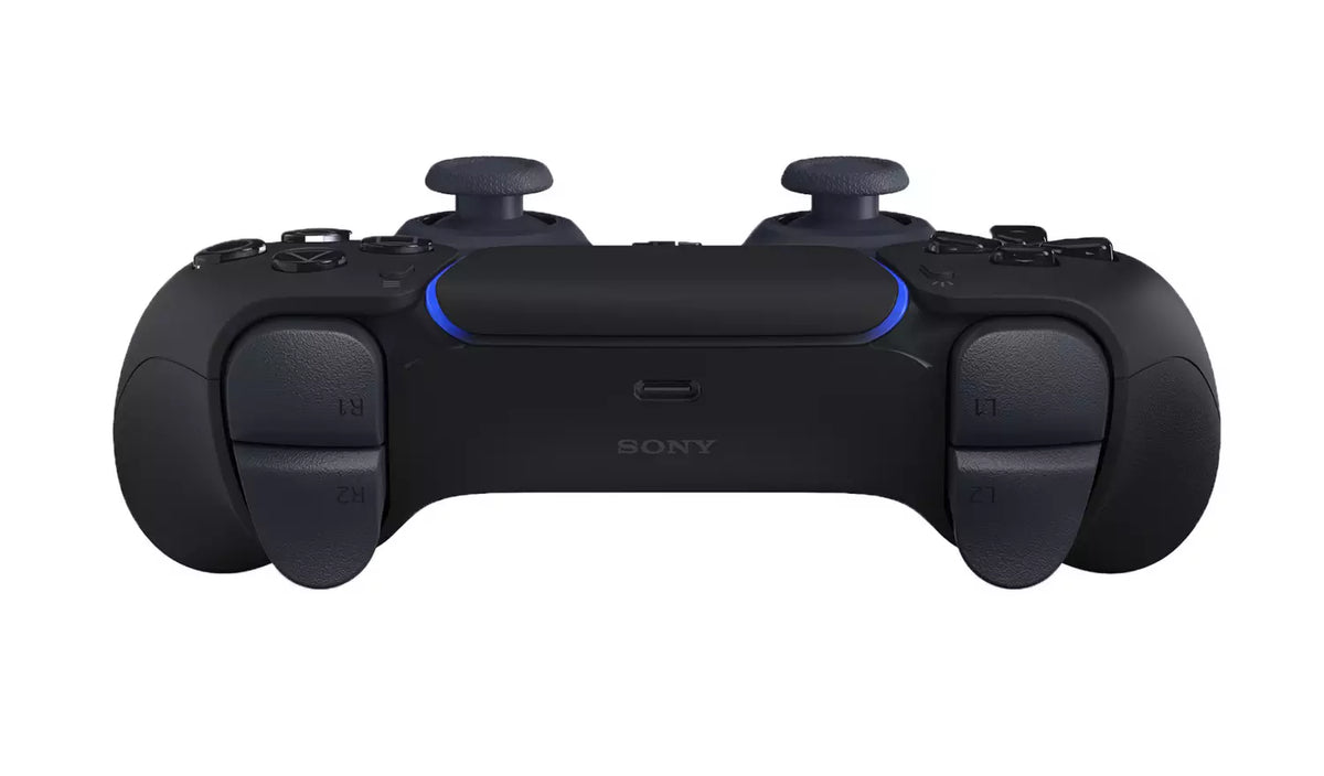 Sony DualShock 3 wireless controller in black with blue accent lighting, shown from the front on a white background.