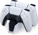 Sony PS5 DualSense Charging Station with two PS5 dual sense controllers on charge against a white background