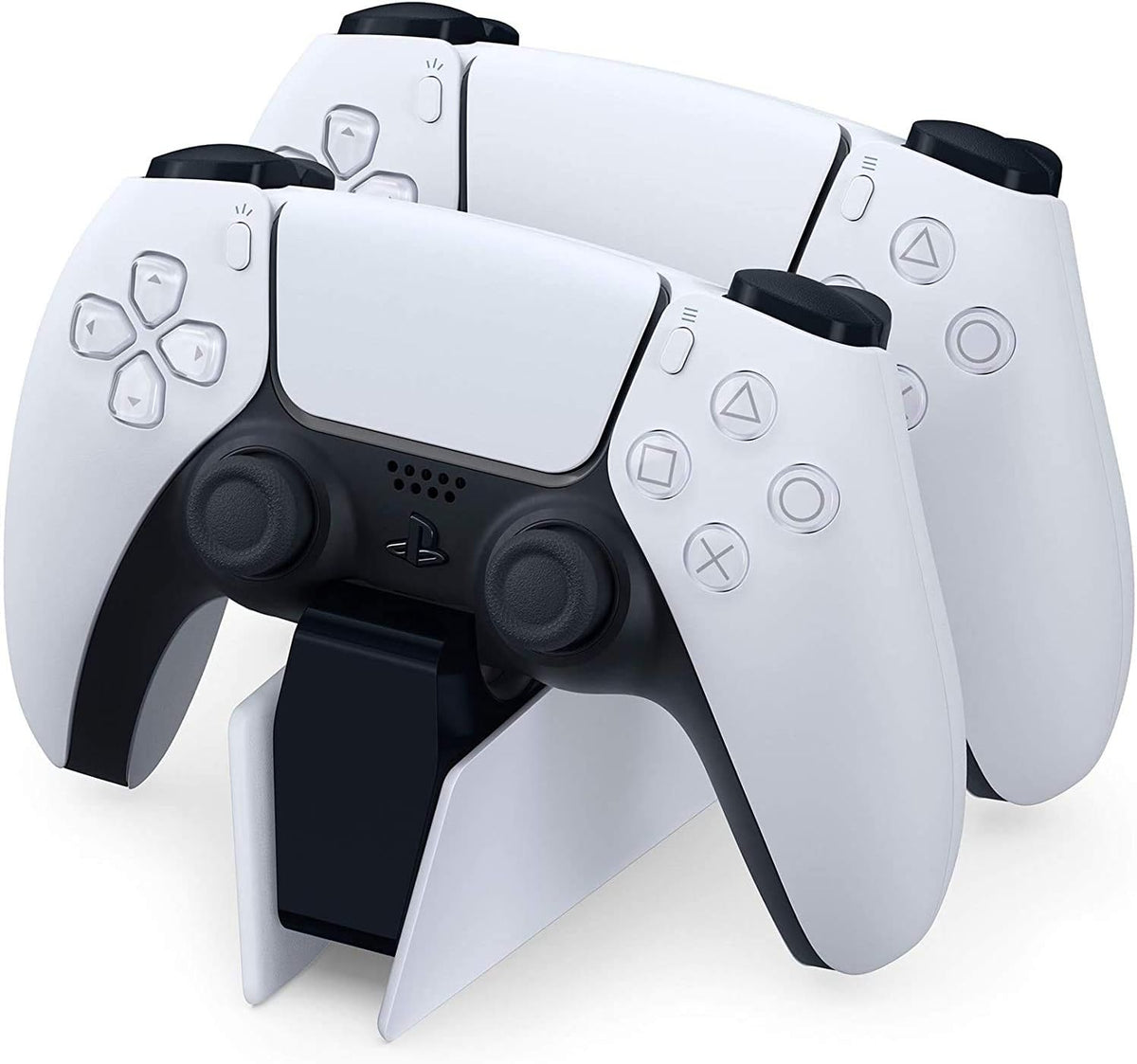 Sony PS5 DualSense Charging Station with two PS5 dual sense controllers on charge against a white background