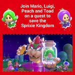 Promotional image for a game featuring Mario, Luigi, Peach, Toad, and Bowser Jr. with a red border and text inviting players to join their quest.