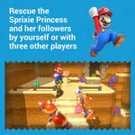 Game screen with Mario character and text about rescuing a princess, set against a blue background. From the game Super Mario 3D World + Bowser's Fury for Nintendo Switch.