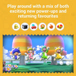 Promotional graphic for a game featuring colorful characters and power-ups on a yellow background. From the game Super Mario 3D World + Bowser's Fury - Nintendo Switch.