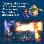 Advertisement for a video game featuring Mario and Bowser Jr. with text about a free-roaming 3D adventure. From the game Super Mario 3D World + Bowser's Fury - Nintendo Switch.
