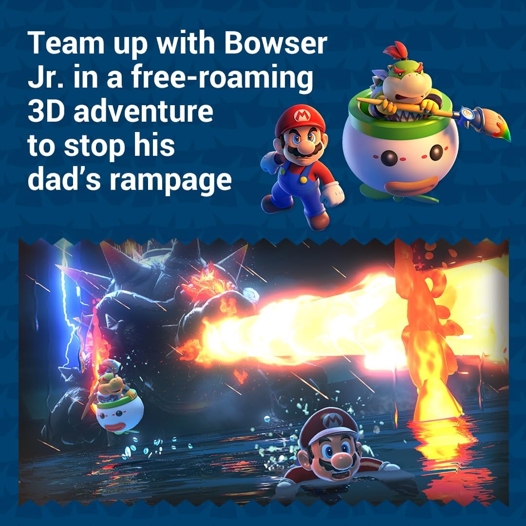 Advertisement for a video game featuring Mario and Bowser Jr. with text about a free-roaming 3D adventure. From the game Super Mario 3D World + Bowser's Fury - Nintendo Switch.